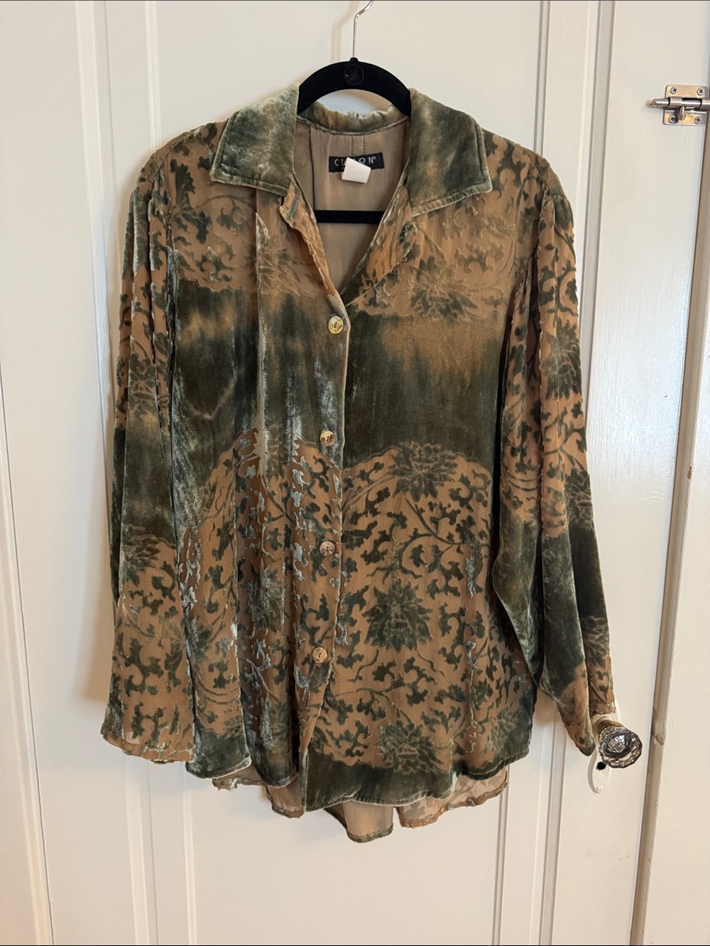 Citron Santa Monica 100% Silk Velvet Button-Down Shirt in Olive Green and Tan